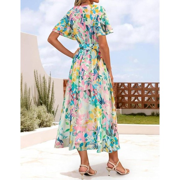 ZESICA Womens Floral V Neck Flutter Sleeve Belted Maxi Dress Green Multi Size M - Picture 2 of 4